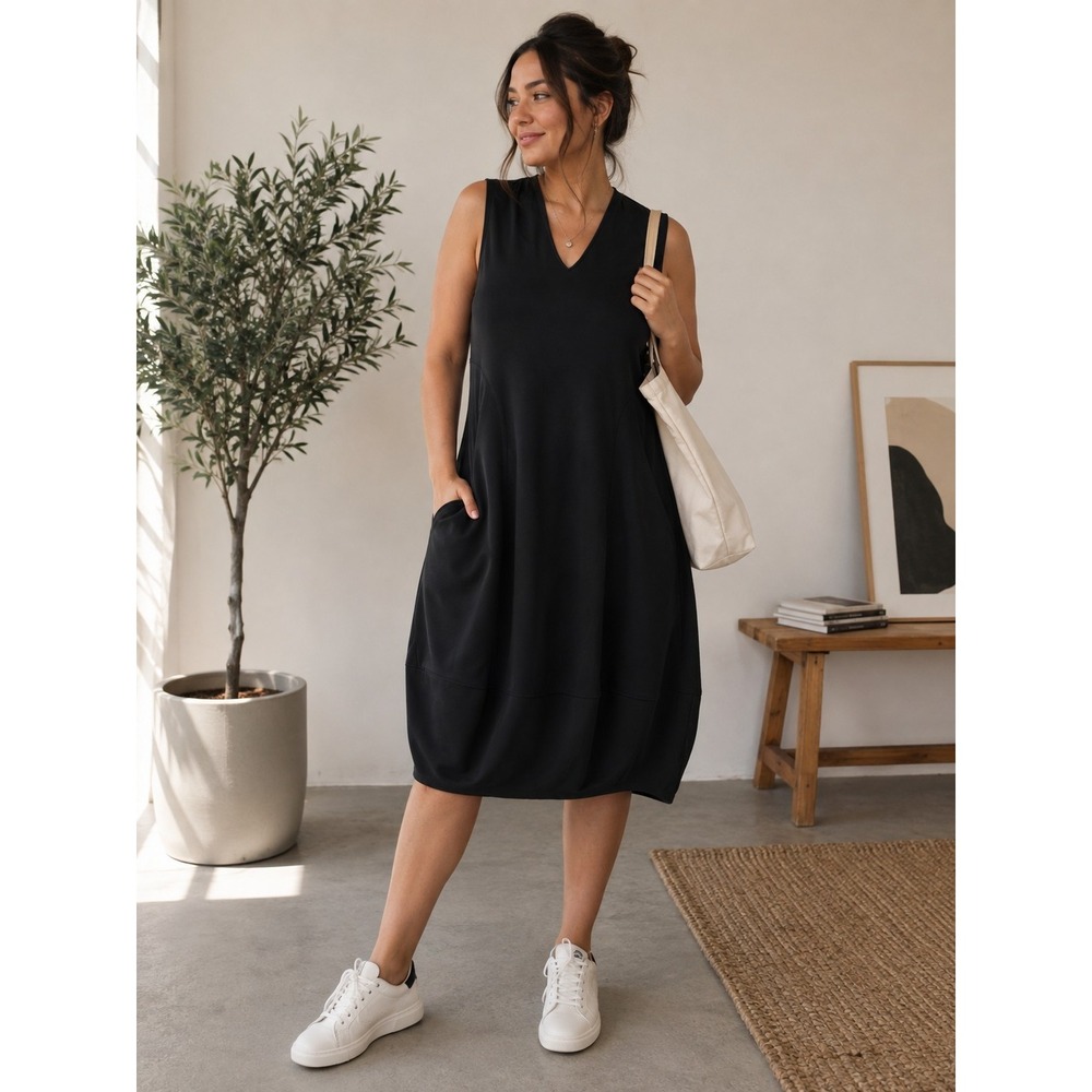 Marla Wynne Black Sleeveless Baloon Midi Dress Pullover Flowy Relaxed Fit XL